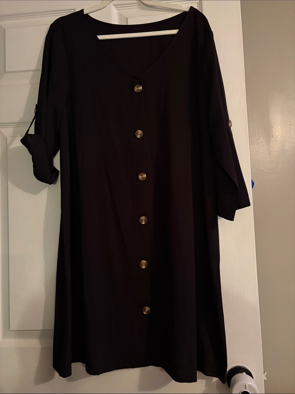 Black Button-Front Women's Dress - Classic V-Neck